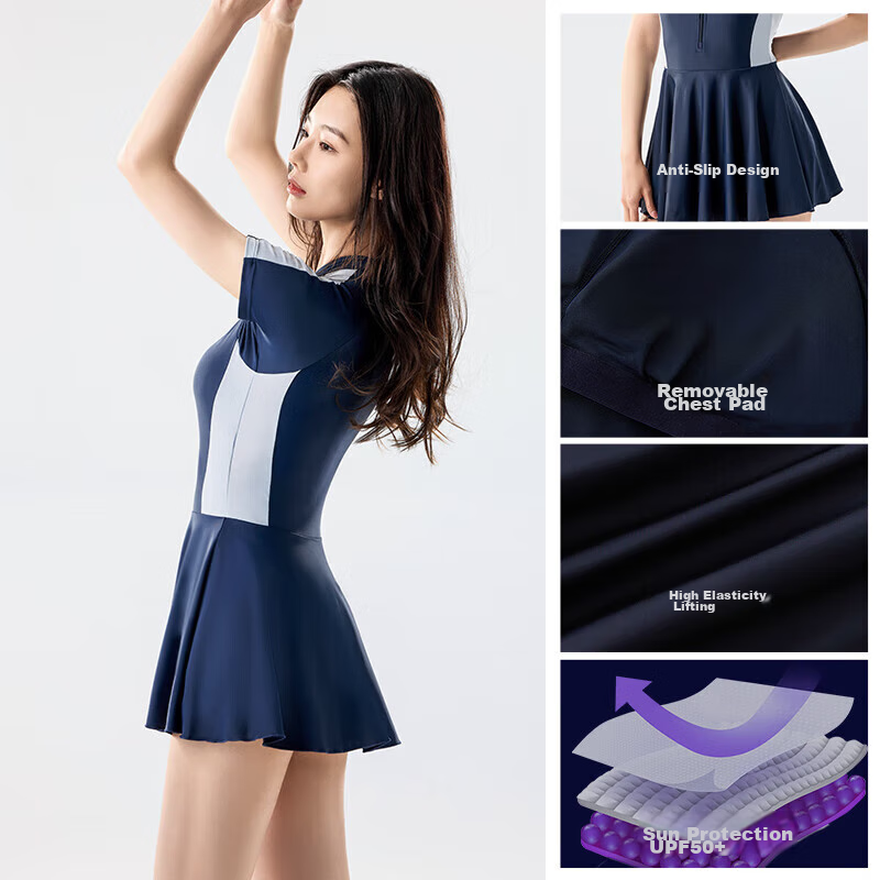 ANTA Slim Waist Swimsuit for Women, One-Piece Dress-Style Conservative Swimwear, Figure-Hugging Slimming Elastic Hot Spring Swimsuit L