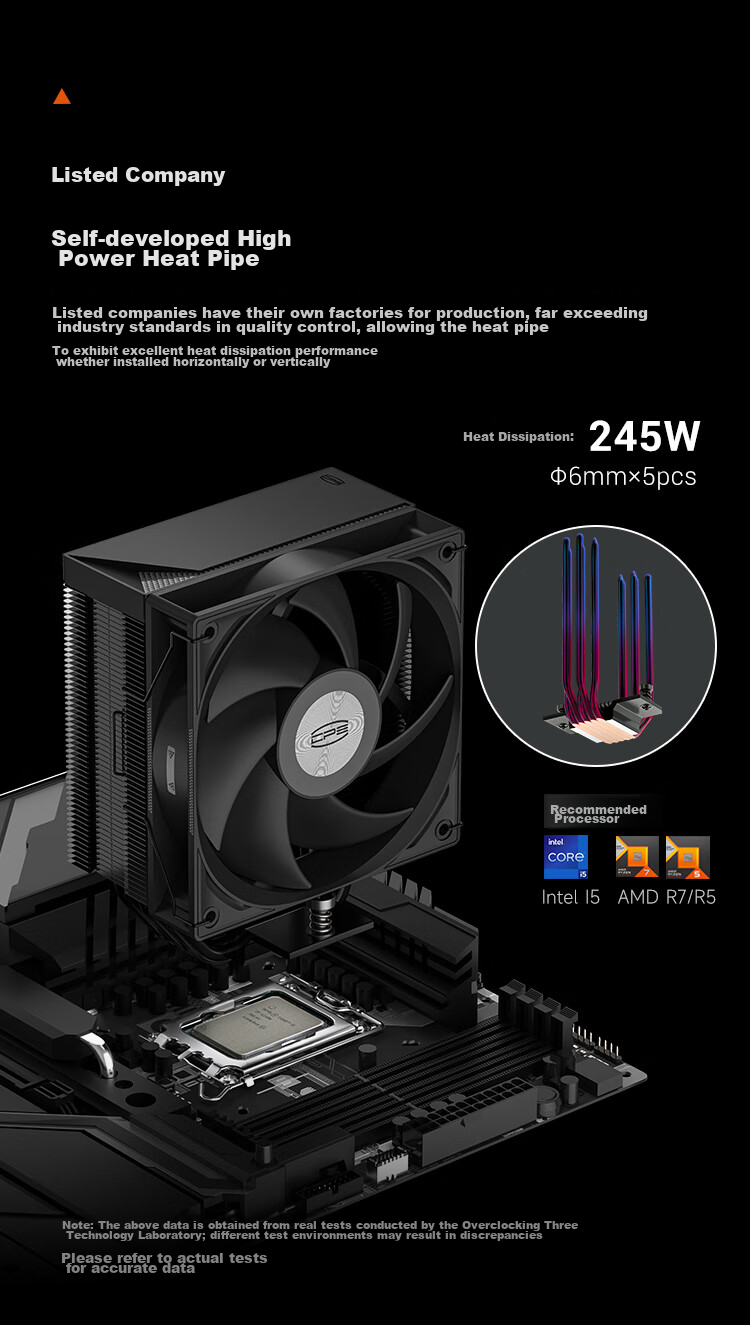 PCCOOLER RT500 Digital Display, BK Matte Black, CPU Air Cooler (5 Heat Pipes / Temperature Display / High-Performance Fan / Triangular Wave Fin / 1700/AM5) 3