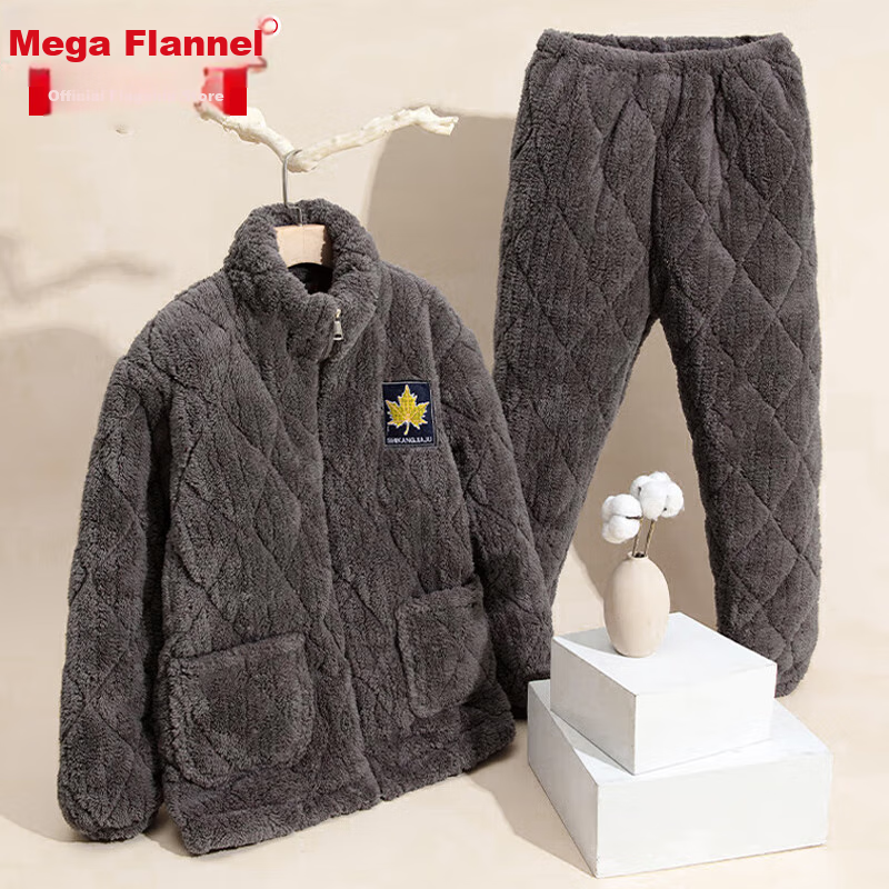Bejirog Pajamas, Winter Men's Thickened Fleece-Lined Three-Layer Quilted High-End Warm Loungewear, Loose Flannel Coral Fleece Set