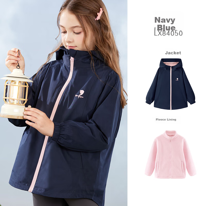 Disney Girls' Windbreaker Jacket, Autumn And Winter Children's Outdoor Windproof Coat, Detachable Three-In for Older Kids, 84050 Navy Blue, Size 130