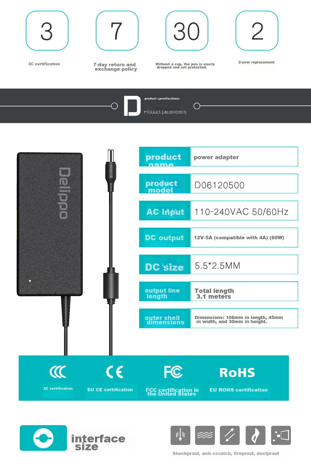 Delippo Power Adapter for Dell LCD Monitors, 12V 5A 3.33A 4A, Compatible with S2740L/S2440Lb/S2719H/S2419H Desktop Computers 2