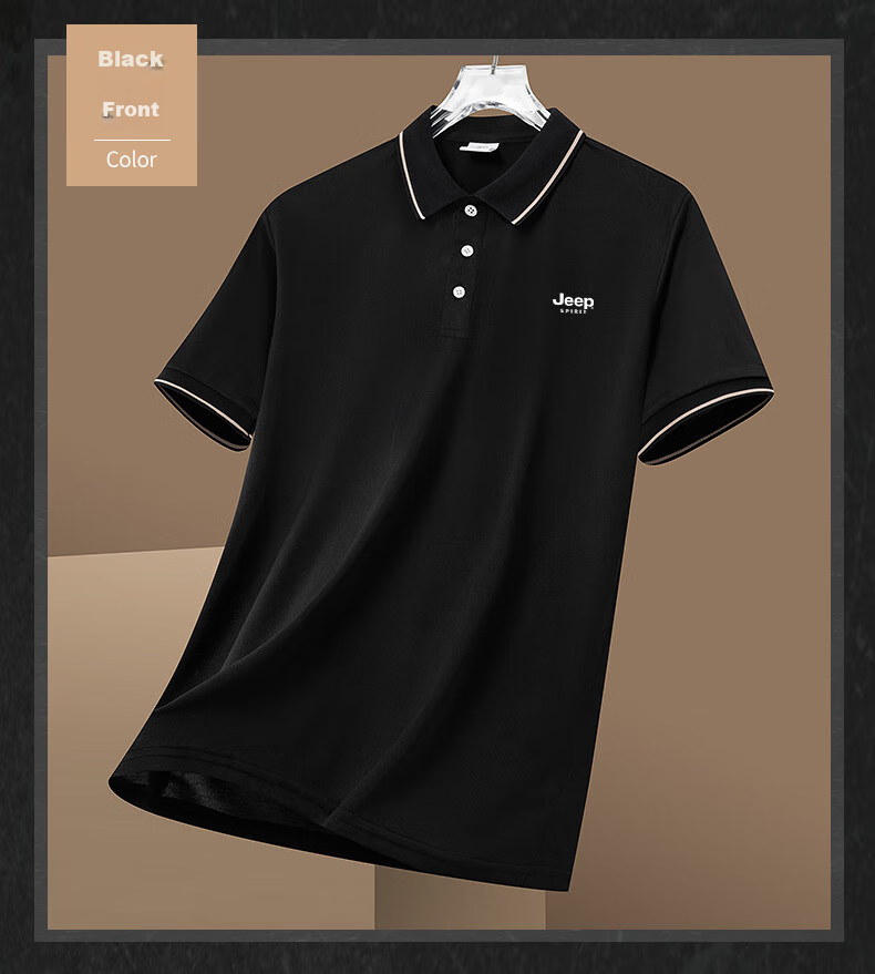 JEEP SPIRIT Men's Short-Sleeve T-Shirt, Summer Business Casual Polo Shirt with Collar, Solid Color Breathable, Black, Size L 14