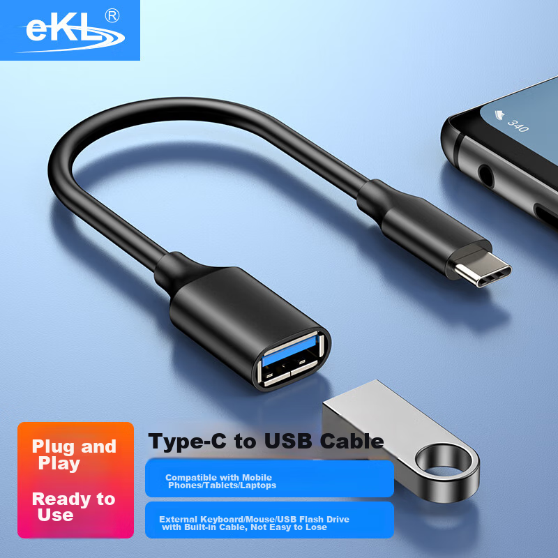 EKL Adapter Cable, Type-C to USB 3.0 Male to Female OTG Converter for Laptops, Tablets, Smartphones, Connecting USB Drives, Mouse Keys, Card Readers, Mobile Hard Drives for Data Transfer
