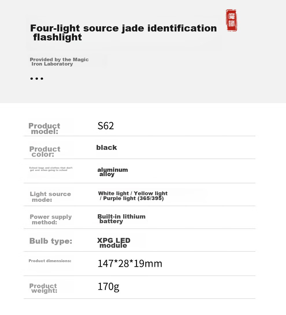 MOTIE Jade Flashlight with 365nm UV Light, High Brightness for Viewing Antiques And Jade, Professional Jewelry Appraisal Tool, Four-Light Source Lamp S62 17