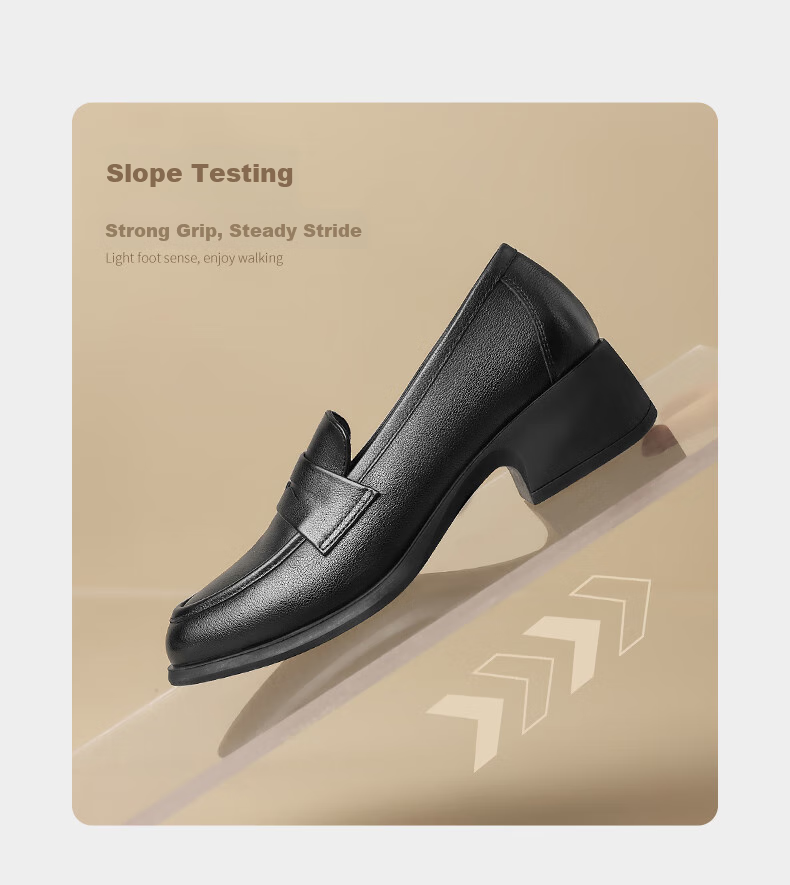 ZHR Top-Grain Leather Loafers for Women with Chunky Heel, Slip-On Soft-Soled Work Shoes for Women KM03 Black Size 37 5