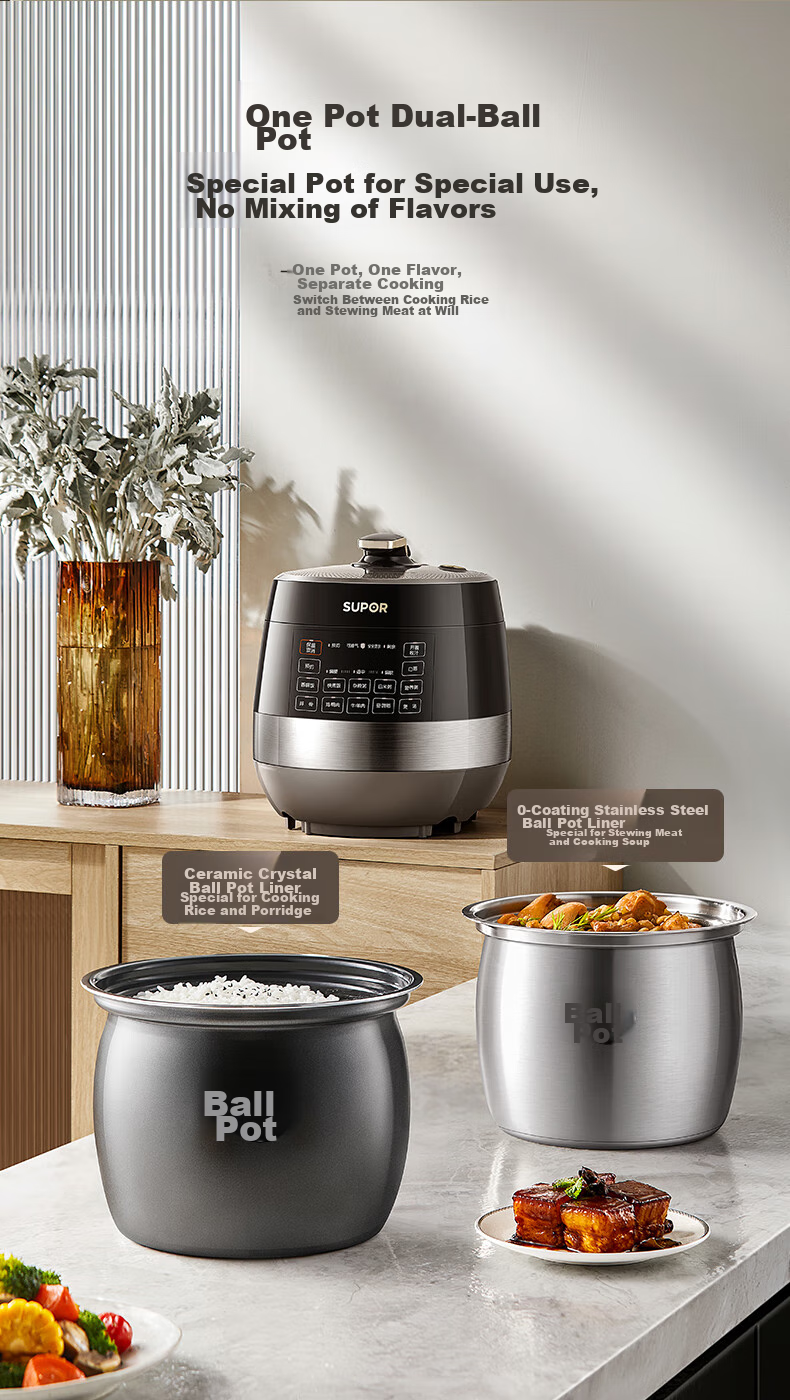 SUPOR 0 Coating Ball Pot Electric Pressure Cooker, 6L Double Inner Pot, Fully Automatic Intelligent Reservation, Home Use, SY-60YC6011Q Rice Cooker High-Pressure Cooker for 6-8 People 7