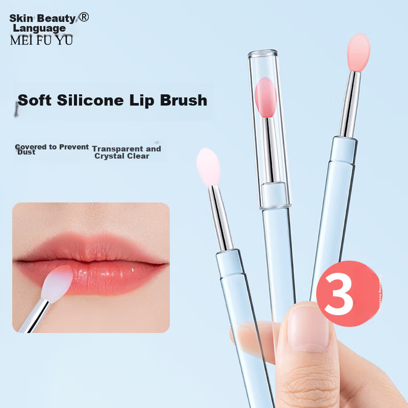 Meifuyu Silicone Lip Brush, 3 Pieces with Lid, Portable Lip Mask Brush, Lipstick Scoop, Application Stick, Lipstick Brush, Makeup Brush MF8314