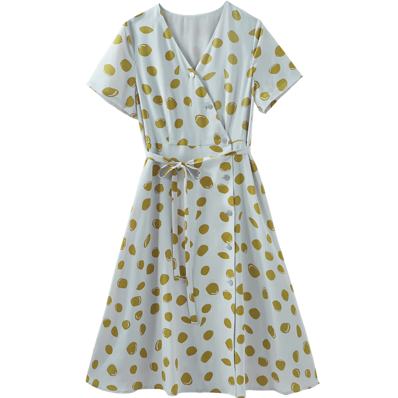 Dme [Waisted Tea-Length Dress], Summer V-Neck, Composite Silk Jacquard Yao Crepe Print, Flared Skirt with Button Decoratio
