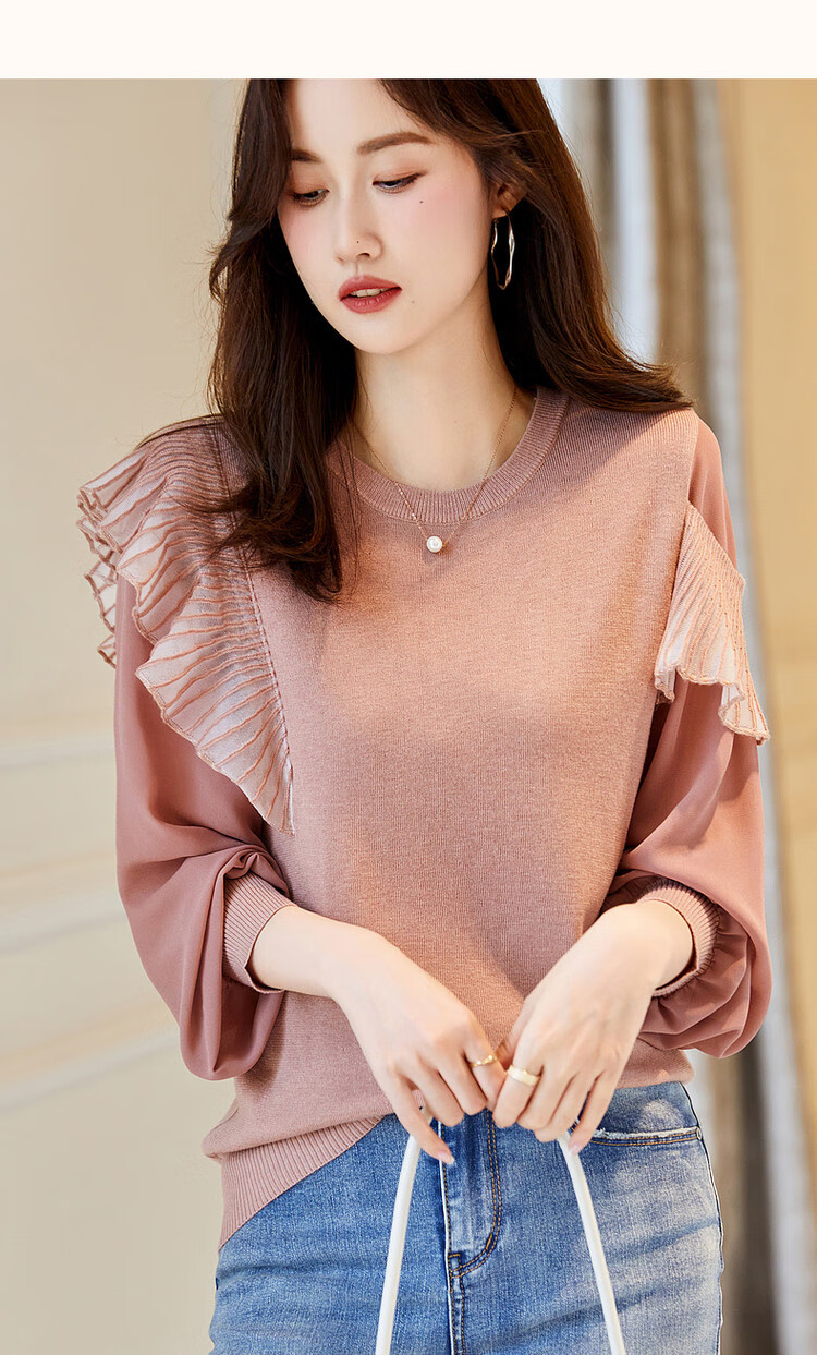 Dme [Containing Fluffy Wool] Spring And Autumn Stylish Spliced Sweater, Concealing Body Shape, Slimming Effect, Elegant Knitted Sweater for Women with High-End Feel 15