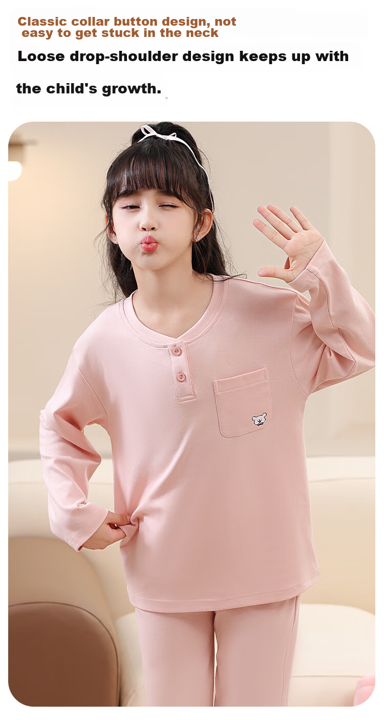 MiiOW Children's Pajamas for Girls, Size 40S, Pure Cotton, 5A Antibacterial, Home Wear Set, Half-Open Collar, Long Sleeves, Light Gray-Green, 150cm 8