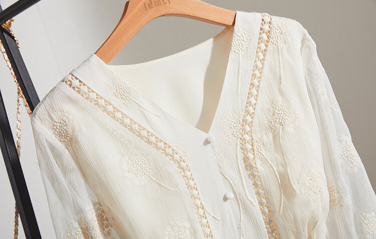 Dme [Xian Gan Embroidered Dress] Spring And Autumn V-Neck Hollow-Out Woven Strap Three-Quarter Sleeve Midi Dress for Women, Off-White, M 8