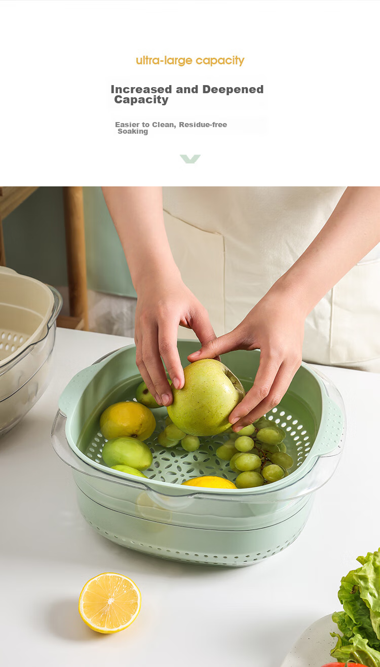 MAXCOOK Vegetable Washing Basket Draining Basket Plastic Double-Layer Vegetable Washing Basin Colander Strainer Basket 1 Basin 1 Strainer Dahong MCPJ3972 6