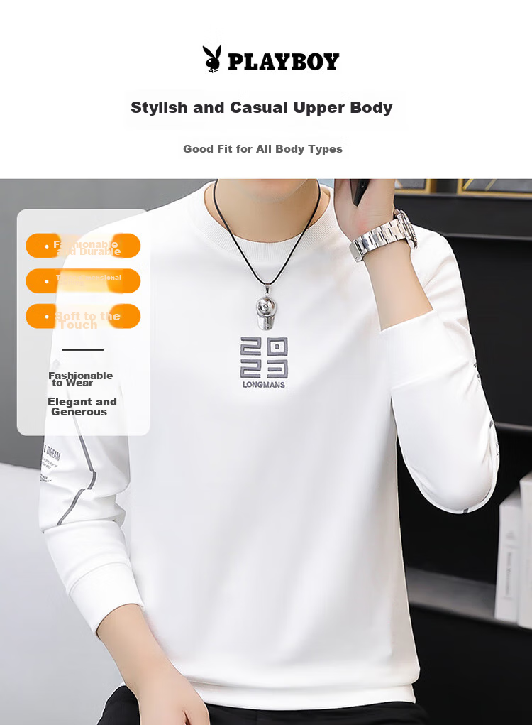 PLAYBOY Sweatshirt, Men's Spring Jacket, Trendy Round Neck Long-Sleeve T-Shirt, Casual Loose Top for Me 7