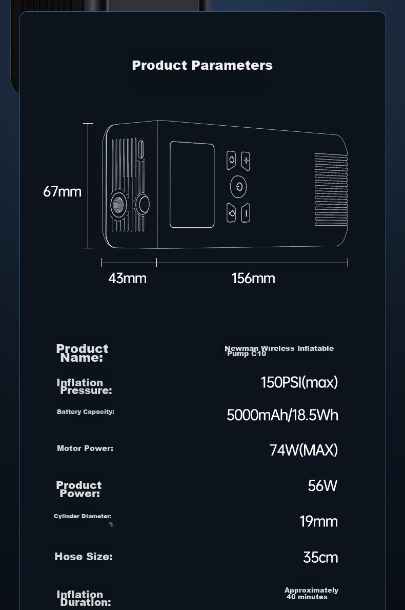 Newsmy Inflatable Pump, Car Tire Air Pump, Wireless Car Air Pump, Bicycle And Electric Bike Pressure Gauge C10 30