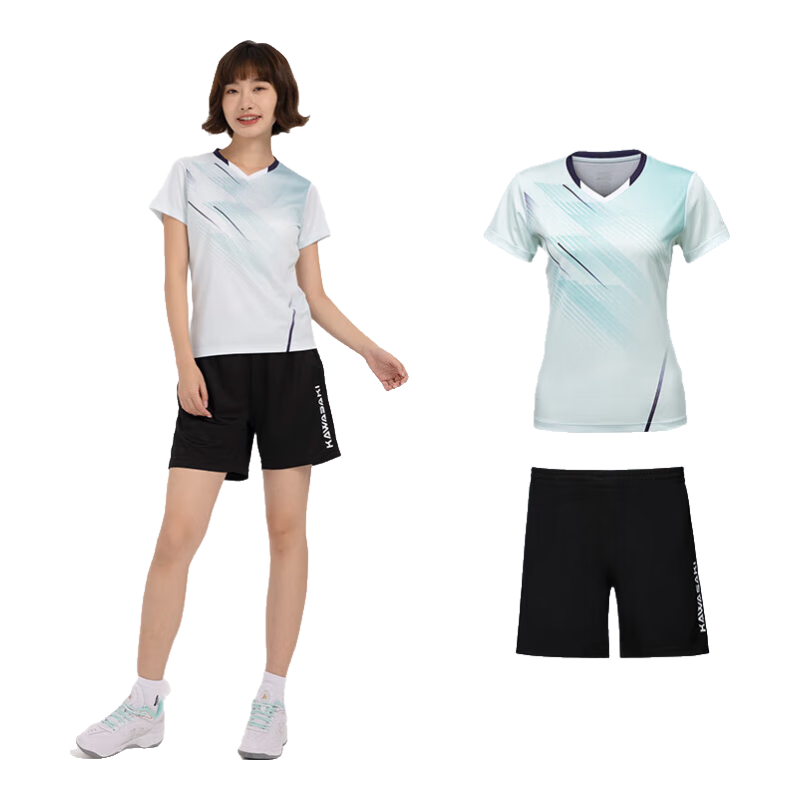 KAWASAKI Badminton Outfit for Women, Professional Sports V-Neck Short Sleeve + Shorts Set B2813, Matcha Green, 2XL