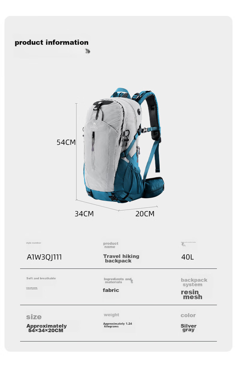 CAMEL [Shanshi] Outdoor Lightweight Hiking Backpack, Large Capacity Professional Trekking Waterproof Travel Backpack, Silver Gray 15