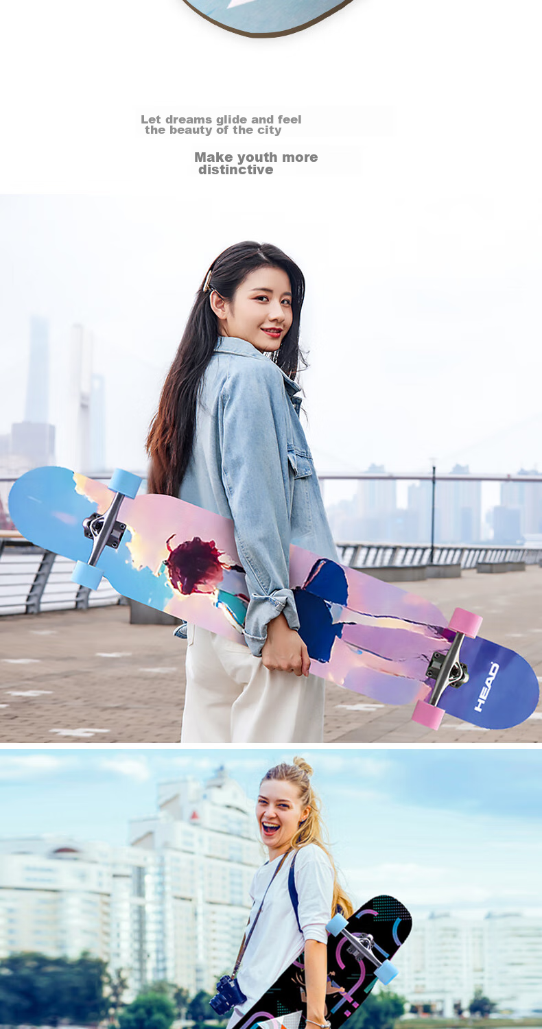 HEAD Skateboard Longboard Professional Board for Adults, Flat Flower Design for Men, Women And Children, Gift for Beginners, Entry-Level Road Skateboard, Street Skateboard, Commuter Skateboard 12