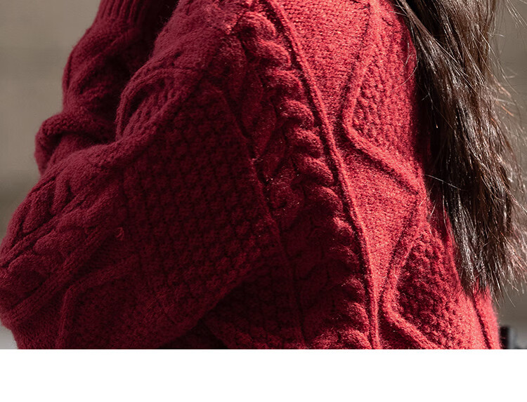 Dme [Romantic Red Knit Sweater], Spring And Autumn Round Neck Pullover Cable Knit Long-Sleeve Warm Sweater for Wome 14