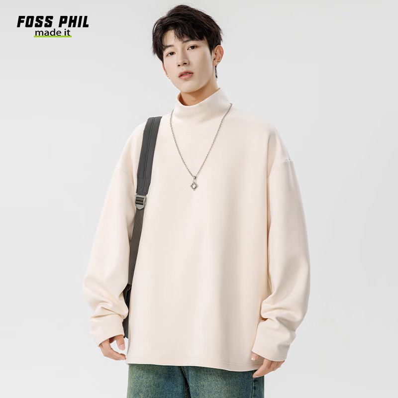 Foss Phil Men's And Women's Sweatshirt, Loose-Fitting Turtleneck Casual Simple Solid Color Base Layer Inner Wear APW965 Khaki 2XL