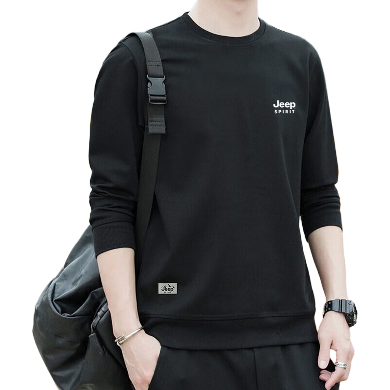 JEEP SPIRIT Men's Sweatshirt, Spring Korean Style Round Neck Loose Fit Versatile Long Sleeve Base Layer, Black, Size L