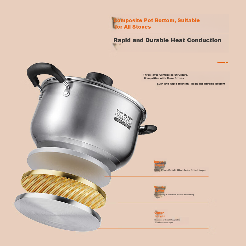 Joyoung Soup Pot, 316L Stainless Steel, Noodle Cooking Pot, Small Milk Pot, Baby Food Pot, Stew Pot, 22cm Small Hot Pot, CT534(GB)