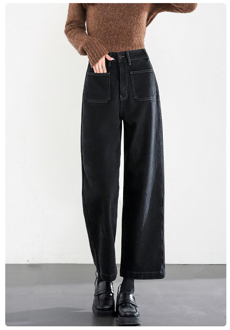 Dme Vintage Style Winter Double-Layer Thick Warm Fleece Straight-Leg Cropped Jeans for Women, Carbon Black, Size 26 11