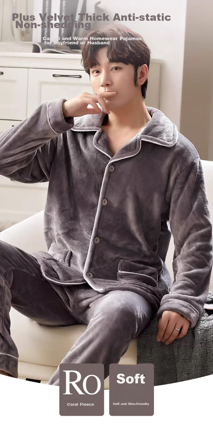 LangSha Men's Pajamas, Winter Flannel Lined Thickened Wearable Loungewear, Two-Piece Set, Warm Outfit 1