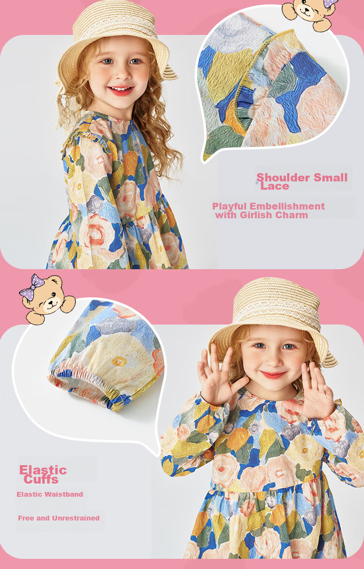 Classic Teddy Girls' Dress, Children's One-Piece Dress, Pure Cotton Princess Dress for Young Children, Floral Long Dress, Pink, Size 110 3