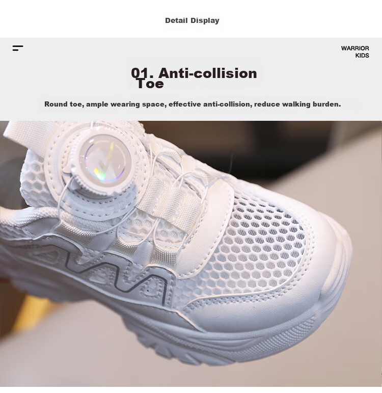 Warrior Children's Shoes, Mesh Upper White Sneakers, Sandals, Button Sports Shoes, Casual Shoes, Skateboard Shoes, WZ(CL)-0454, White, Size 28 7