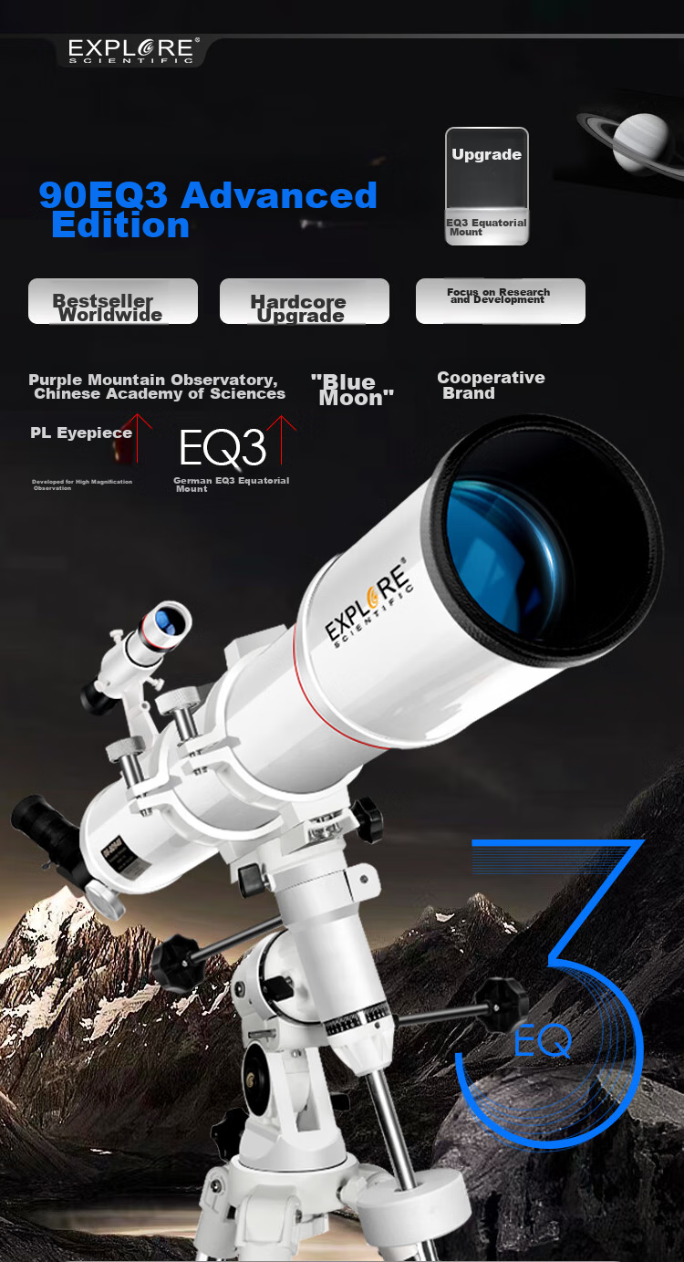 EXPLORE SCIENTIFIC Astronomical Telescope 90EQ3 High-Definition High-Magnification Large-Aperture Professional-Grade Stargazing Student Science Education Gift 2