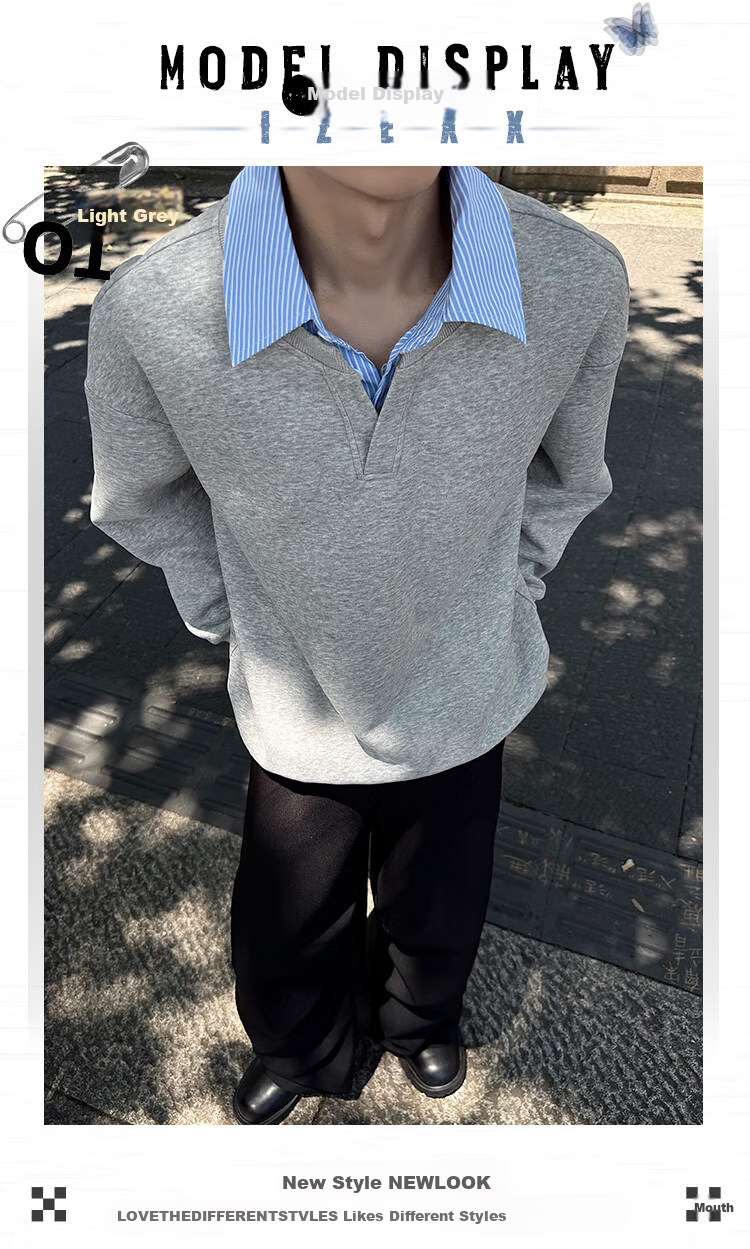 IZEXX Korean-Style POLO Shirt, Faux Two-Piece Contrasting Color Patchwork Sweatshirt, Men's Autumn Style, Turn-Down Collar Pullover Top, GW32 Black, Size M 5