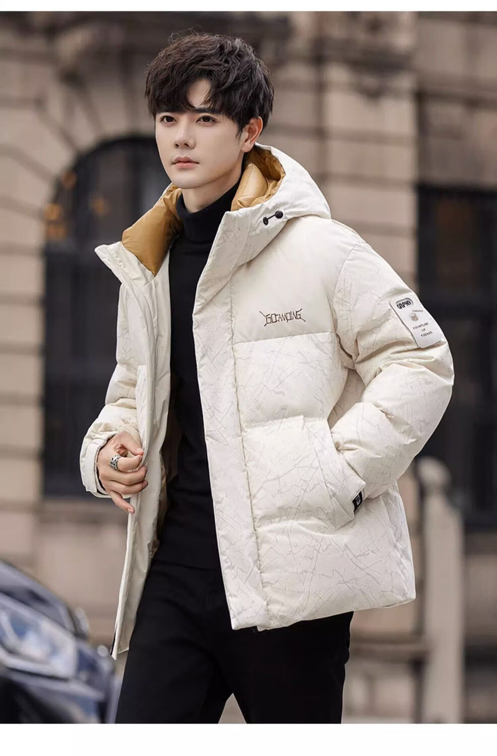YAYA Wang Yibo Same Style down Jacket, Men's Short Hooded Coat, 2025 Winter New Year Patchwork Color-Block Duck Down Outerwear 20