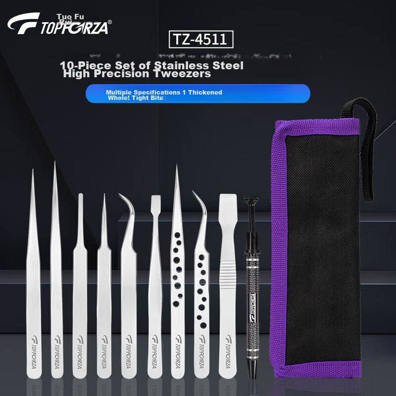 TOPFORZA TZ-4511, Pointed Tip, Bent Tip, Flat Tip, And Flat Head Professional Precision Tweezers Set, Pry Bar Tool Kit, 10-Piece Set