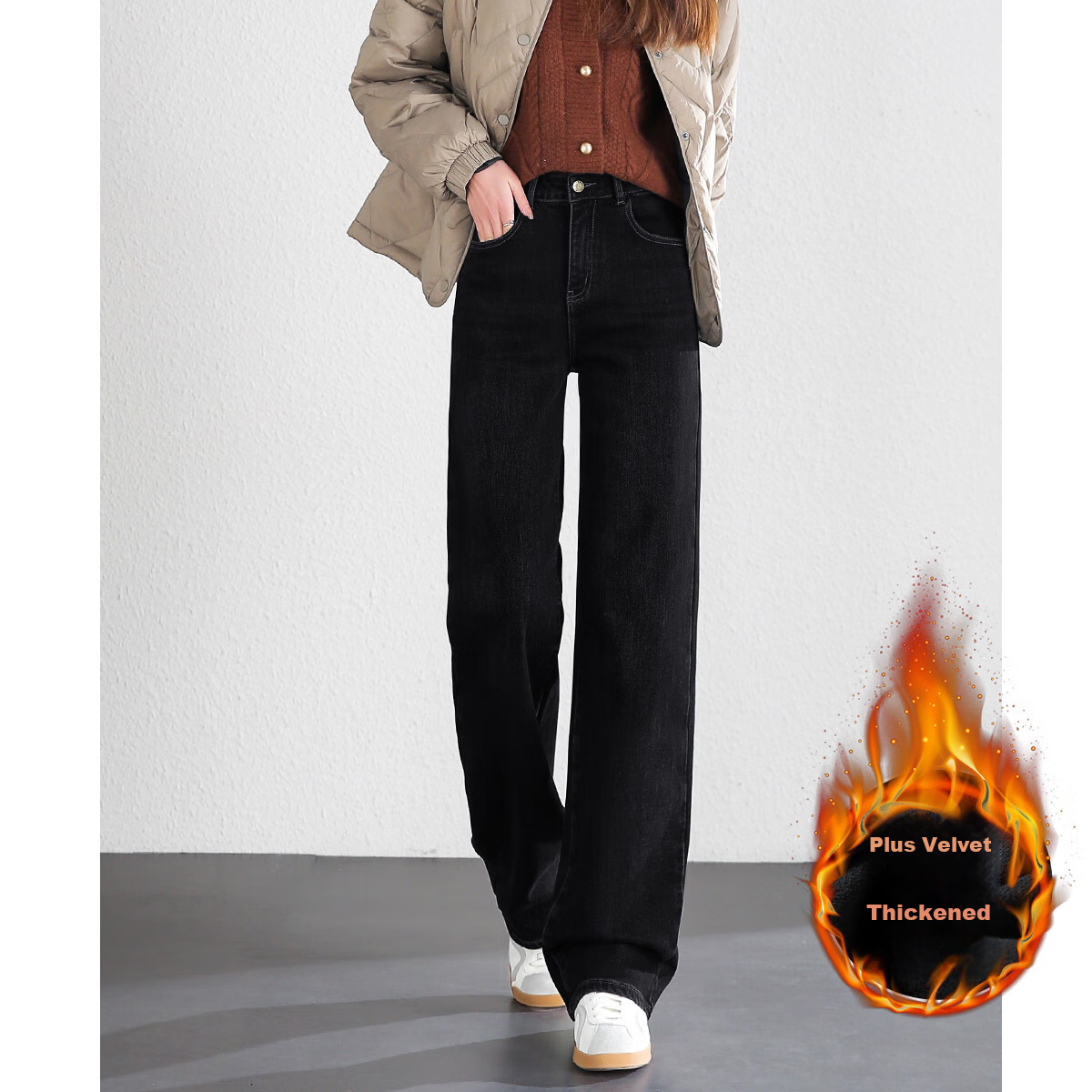 Dme Fleece-Lined Slim Straight-Leg Pants Winter Loose-Fit Jeans for Women, Slimming Leg-Lengthening Trousers, Midnight Black, Size 28