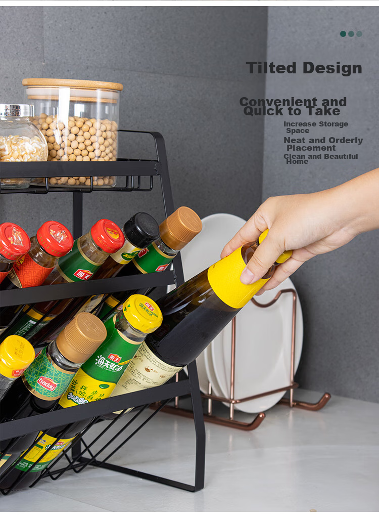 Ourunzhe Kitchen Storage Rack, Countertop Oil Bottle Holder, Spice Rack, Condiment Organizer, No Drilling Required, Desktop Storage Shelf, Slanted Design, 3-Tier 14