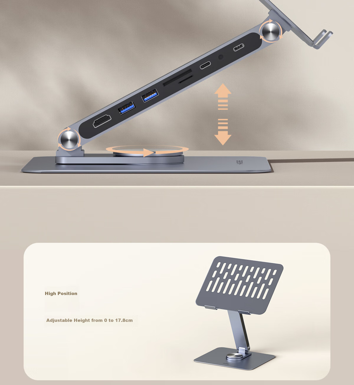 Hagibis Laptop Stand, Computer Hub Expansion, Height-Increasing Stand, Multi-Port HDMI Bracket, Cooling Suspended Stand, Adjustable Height, Foldable, Rotatable, Storage-Ready, Compatible with MacBook Accessories 7