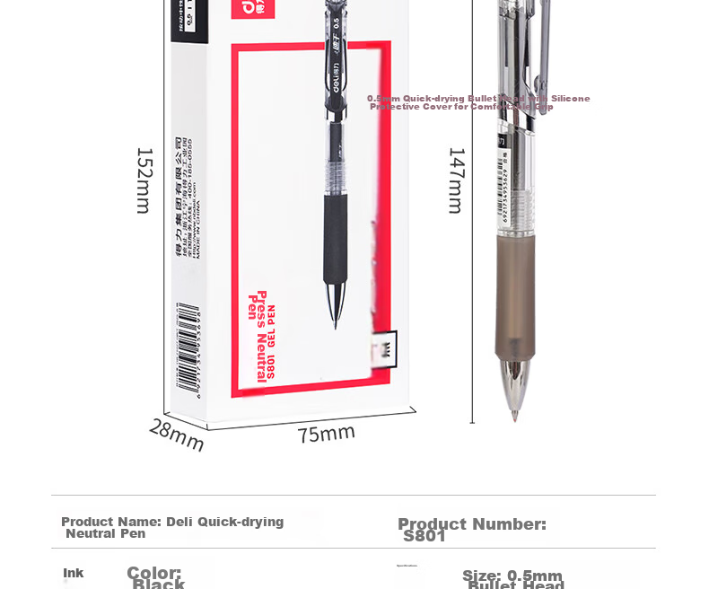 Deli Quick-Drying Retractable Gel Pen, 0.5mm Bullet Tip, Student Exam Pen, Office Signing Pen, Retractable Pen, Black Ink, 12 Pens/box, S801 for College Entrance Exams 3