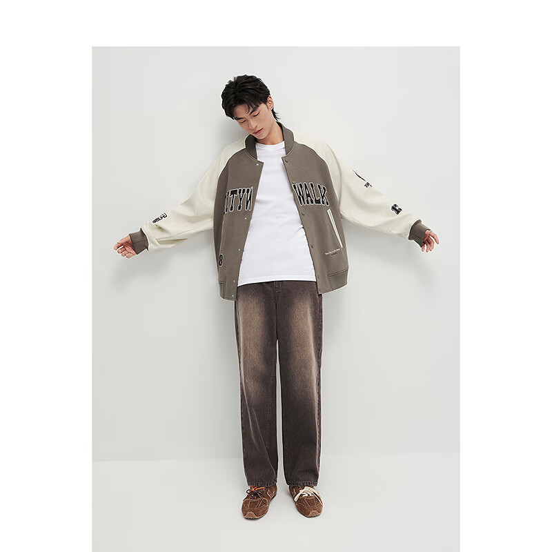 Taipingniao Men's Clothing [JINGDONG Exclusive], Jacket American Retro Baseball Jacket Autumn Embroidery, Brown Yellow, L