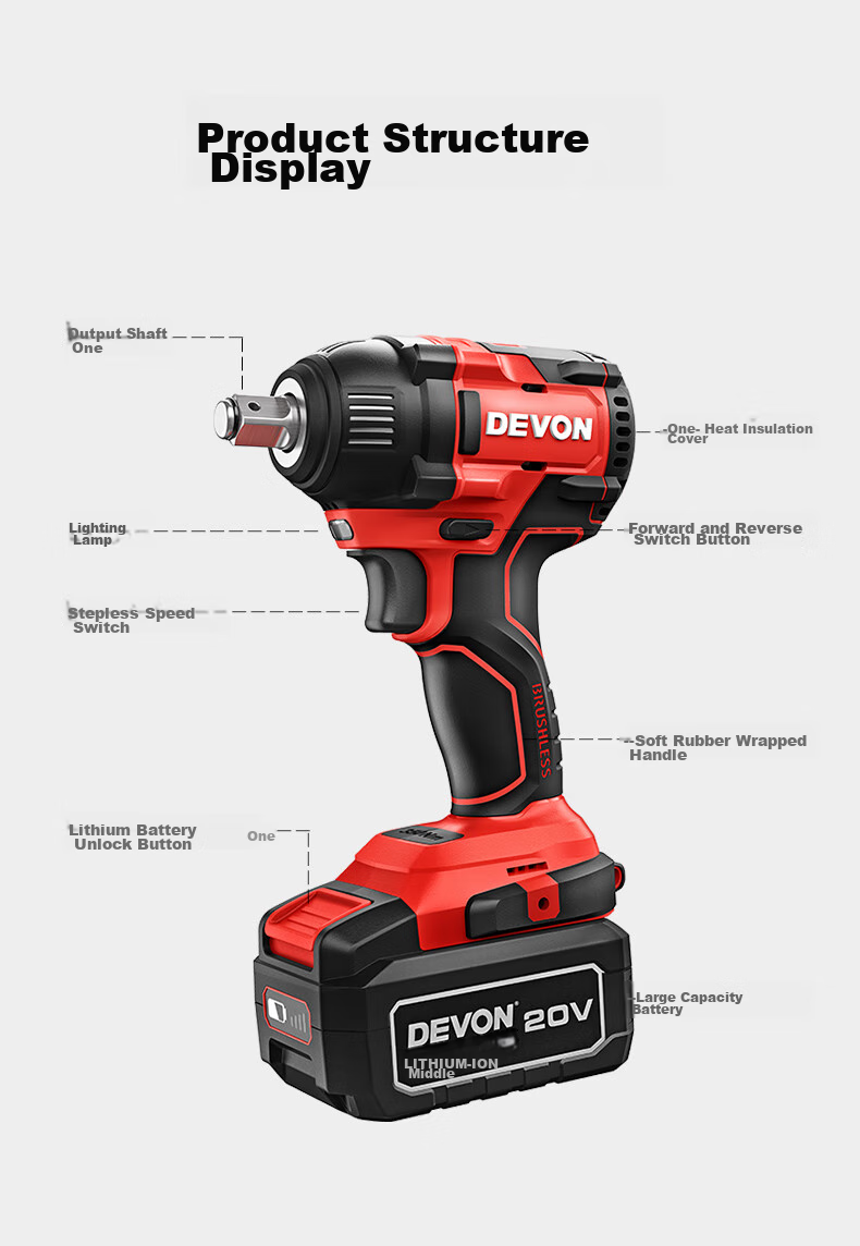 Devon 20V Brushless Impact Wrench, High Torque Industrial-Grade Lithium Battery Wrench Pneumatic Gun, 5733 Dual Battery 5.0 Fast Charging 12
