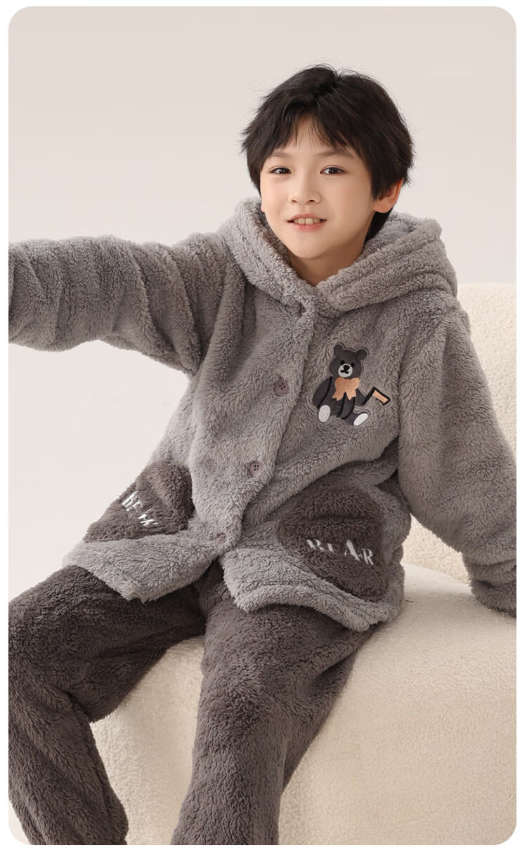 MiiOW Coral Fleece Children's Pajamas, Boys' Set, Thick Flannel Bear Hug Loungewear, New Autumn And Winter Style 2024, Size 150 7