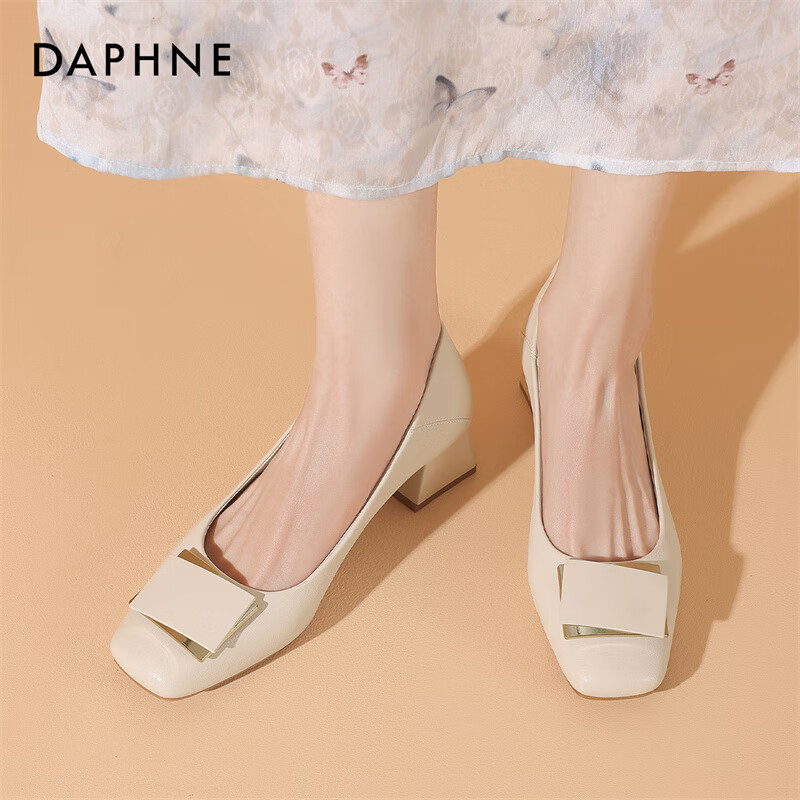 Женские туфли DAPHNE, кожаные, квадратный носок, на массивном каблуке, бежевые, размер 36