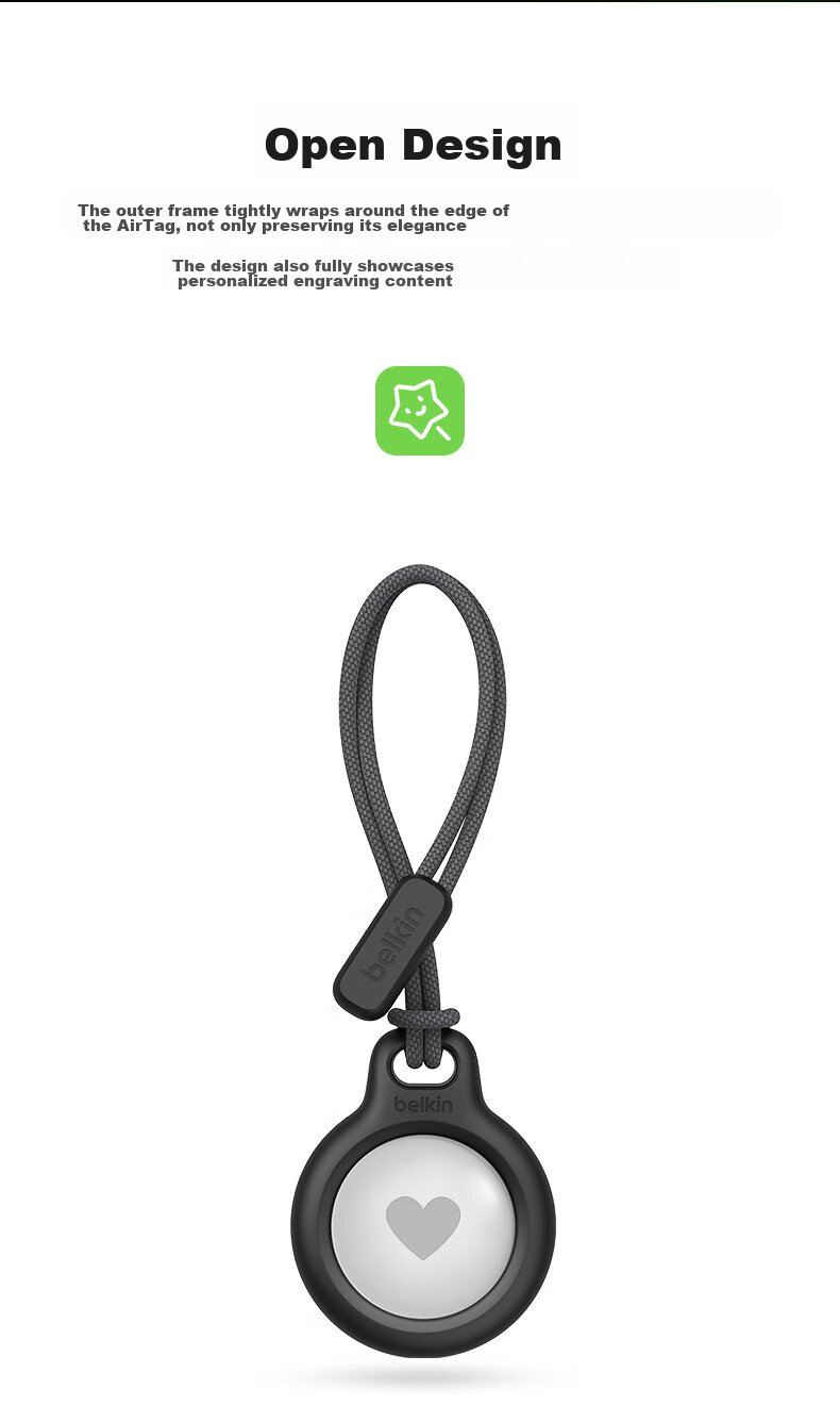 BELKIN AirTag/AirTag2 Keychain, Apple Anti-Loss Device Protector, Tracker Silicone Case with Reflective Outline Ring, MSC003 Black 6