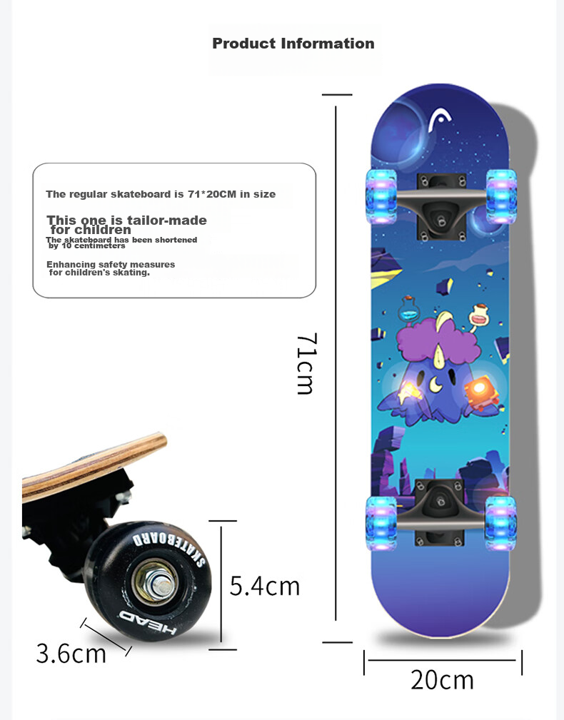 HEAD Children's Skateboard for Beginners, Four-Wheel Light-Up Double-Warped Skateboard for Boys And Girls Aged 3-9, Professional Entry-Level Skateboard, Magic Planet 19