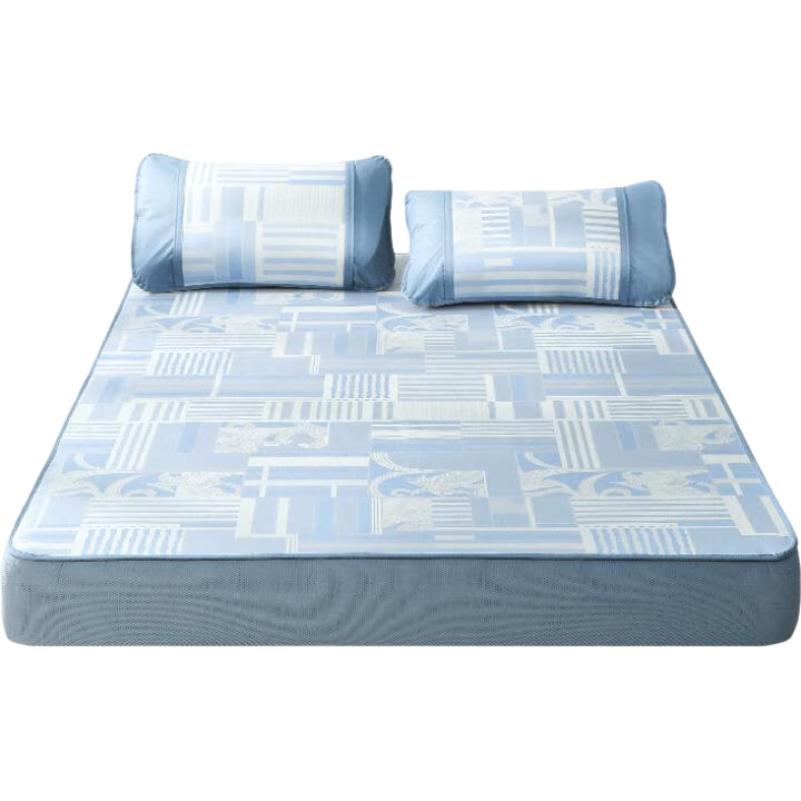 FUANNA Lai'er 800D Coarse Thread Jacquard Mat, Ice Silk Cooling Mat Fitted Sheet Style, Single Person Two-Piece Set Blue 1.2x2 Meters