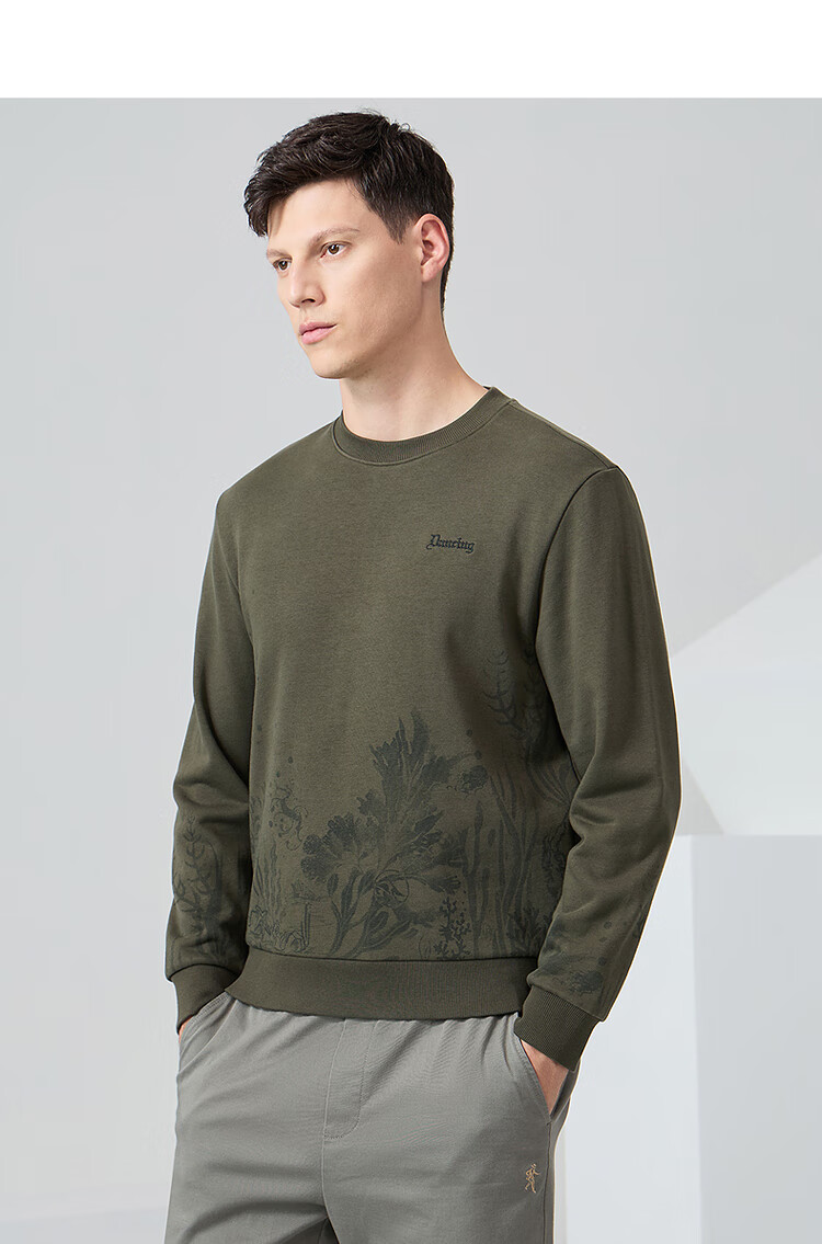 DANCING WOLVES [Heavy Fabric] Autumn And Winter Fashion Versatile Floral Subtle Pattern Crew Neck Men's Sweatshirt, Army Green, Size 175 4