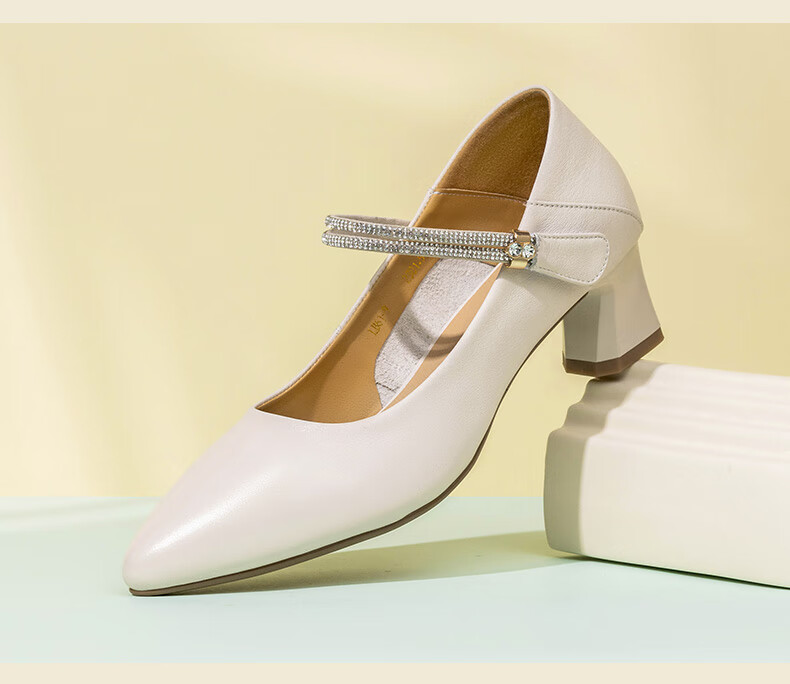 LAORENTOU High Heels for Women, Top-Grain Leather, Chunky Heel, Single-Strap Buckle Work Shoes, French Style Women's Shoes, LB61 White, Size 37 8