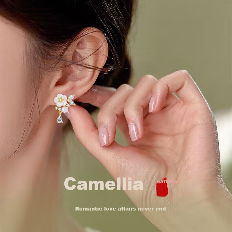 Dijing Camellia Earrings for Women, 925 Sterling Silver Hoop, Elegant Ear Studs, Forest Style Birthday Gift for Girlfriend