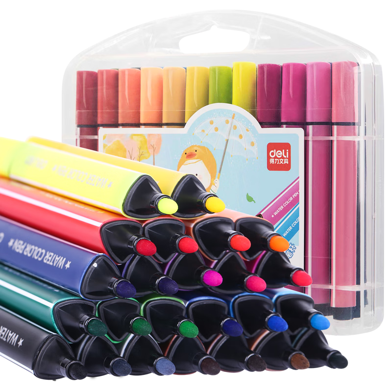 Deli 24-Color Washable Watercolor Markers, Easy-Grip Thick Triangular Design for Students And Children, Coloring Pens Set, Stationery, Gift for Girls And Children, Graduation Present for Boys And Girls