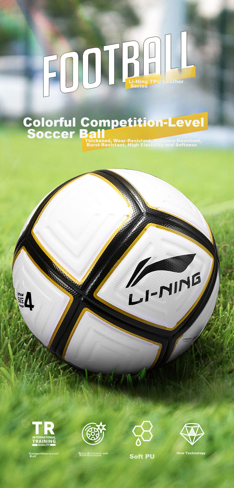 Li-Ning Soccer Ball Size 4 for Children, Adults, Middle School Entrance Exam Standard, High Bounce, Competition Training, Youth, Elementary School Students, Preschoolers, Four-Ball Size 1