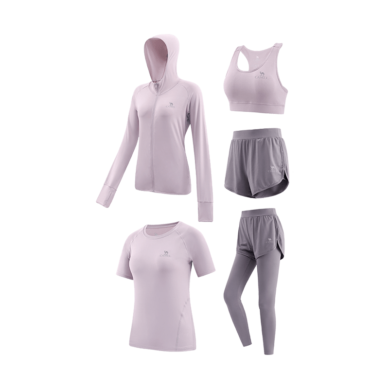 CAMEL Women's Sportswear Set, New Yoga Fitness Pilates Elastic Short-Sleeve Shorts And Pants Five-Piece Workout Outfit